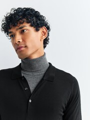 John Smedley Black Belper Long Sleeve Merino Wool Polo Shirt - Image 4 of 5