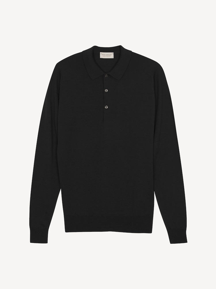 John Smedley Black Belper Long Sleeve Merino Wool Polo Shirt - Image 5 of 5 John Smedley Black Belper Long Sleeve Merino Wool Polo Shirt - Image 5 of 5