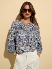 Baukjen Blue Stephanie 100% Cotton Tie Neck Blouse - Image 1 of 5