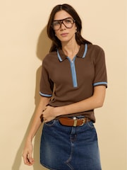 Baukjen Naomi 100% Cotton Rib Zip Collar Brown Top - Image 1 of 5
