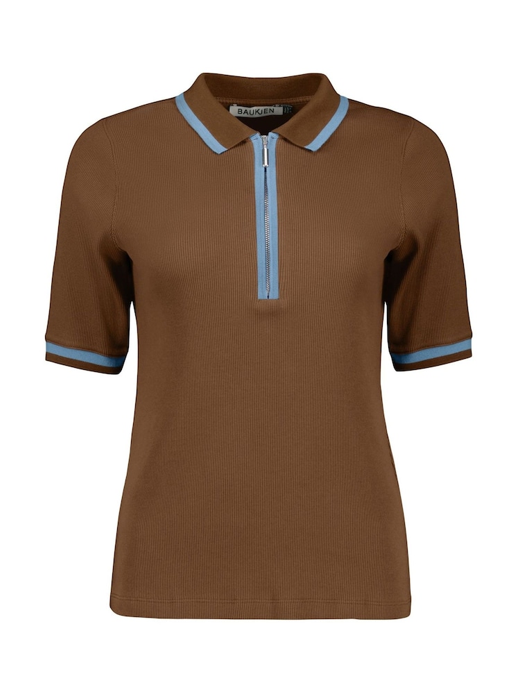 Baukjen Naomi 100% Cotton Rib Zip Collar Brown Top - Image 5 of 5