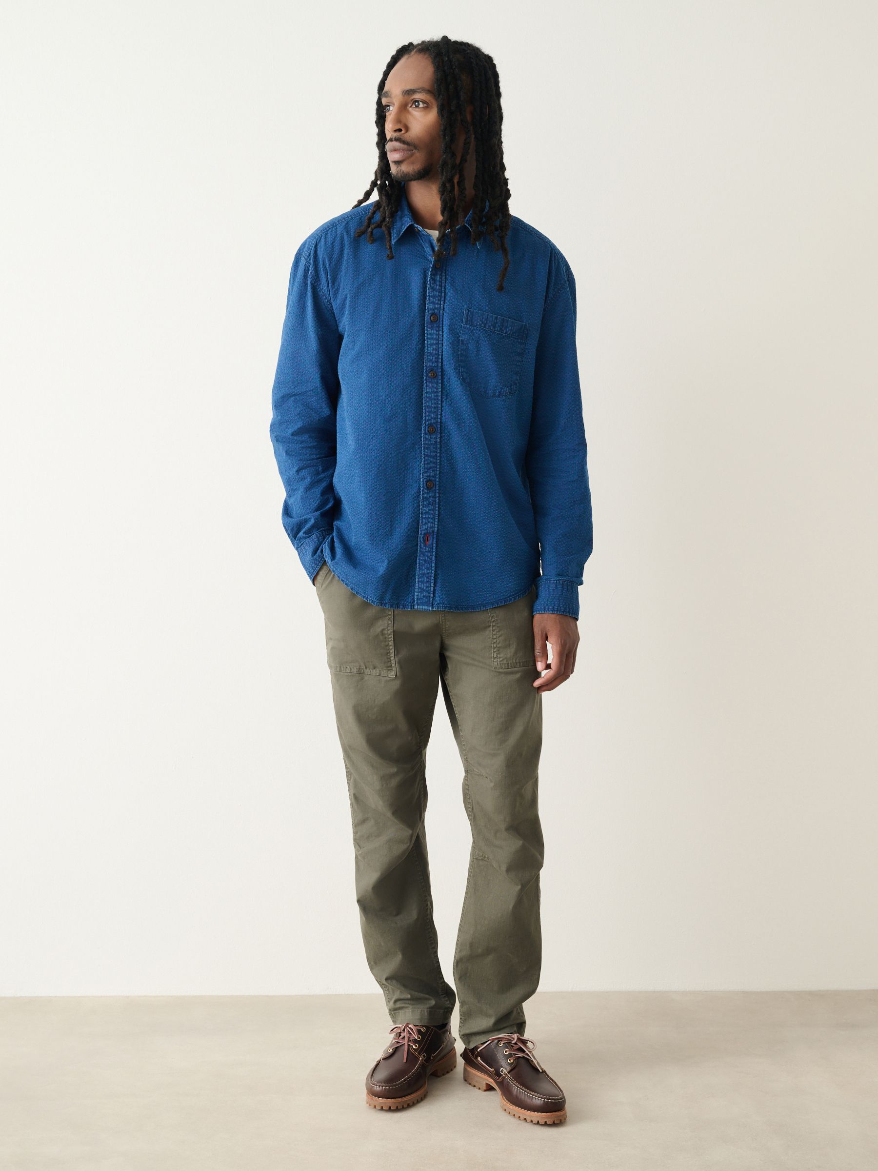 Buy Indigo Blue Seersucker Denim Style Long Sleeve Shirt from the