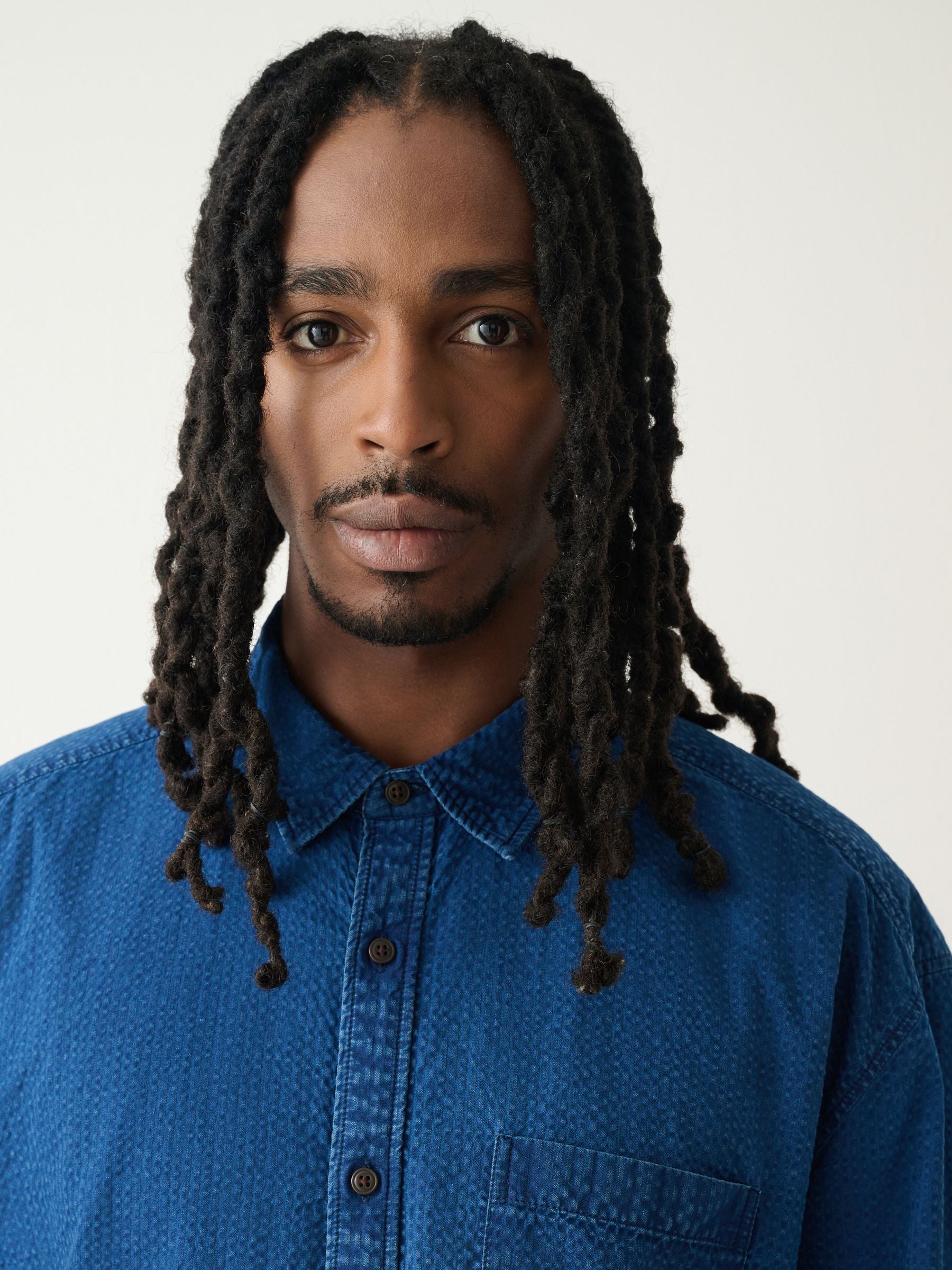 Buy Indigo Blue Seersucker Denim Style Long Sleeve Shirt from the
