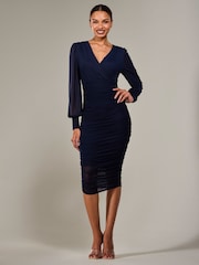 Jolie Moi Blue Long Sleeve Ruched Mesh Midi Dress - Image 1 of 6