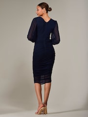 Jolie Moi Blue Long Sleeve Ruched Mesh Midi Dress - Image 3 of 6
