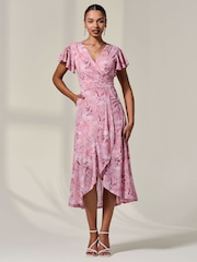 Jolie Moi Pink Petite Mesh Short Sleeve Wrap Midaxi Dress - Image 1 of 6