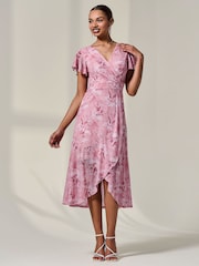 Jolie Moi Pink Petite Mesh Short Sleeve Wrap Midaxi Dress - Image 5 of 6
