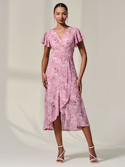 Jolie Moi Pink Petite Mesh Short Sleeve Wrap Midaxi Dress - Image 6 of 6