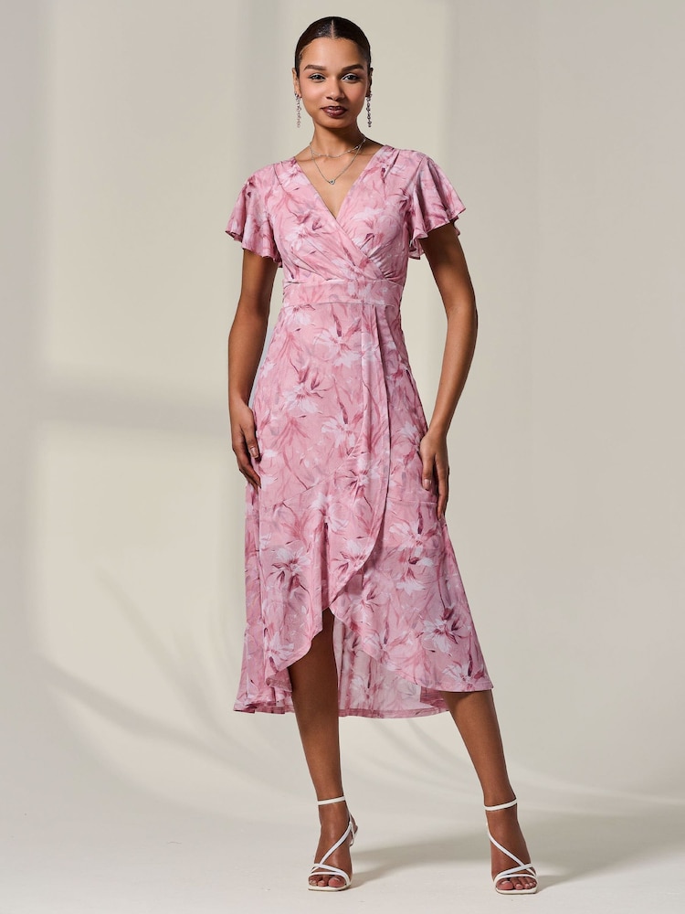 Jolie Moi Pink Petite Mesh Short Sleeve Wrap Midaxi Dress - Image 6 of 6