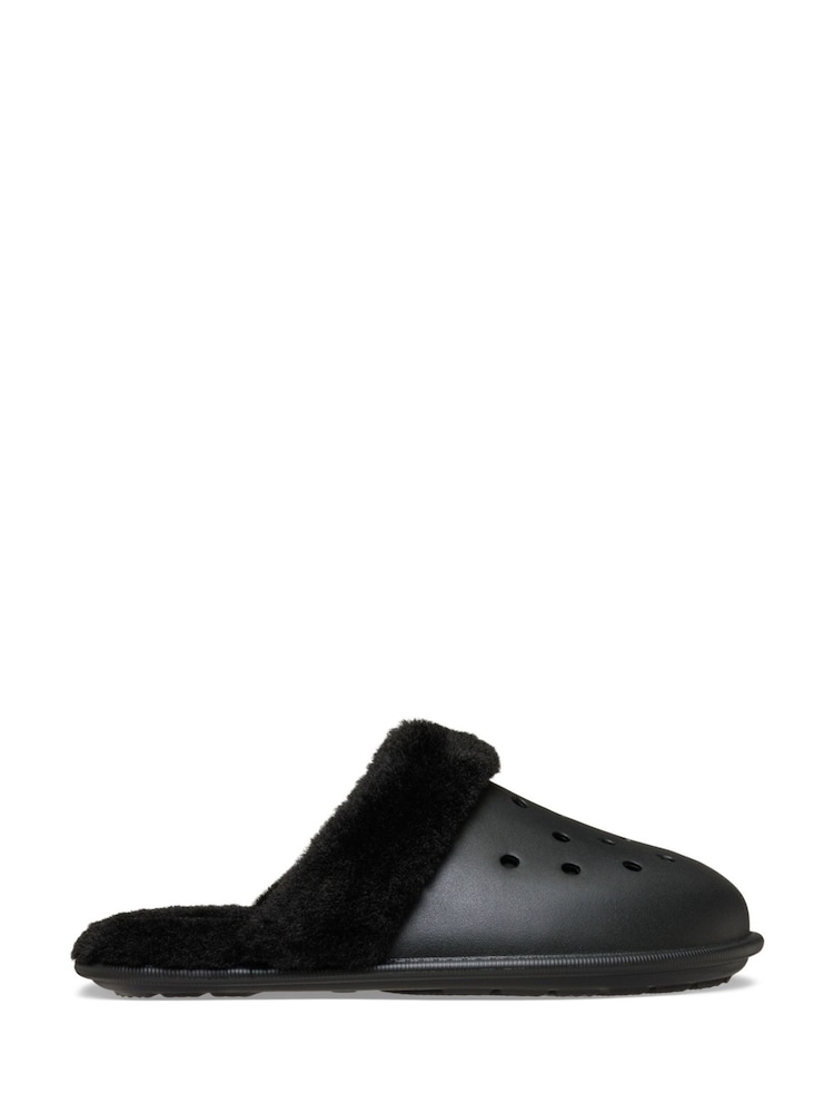 Crocs Black Classic Fuzz Scuff Slippers - Image 1 of 7