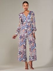 Jolie Moi Blue Jersey Wrap Front Long Sleeve Jumpsuit - Image 1 of 6
