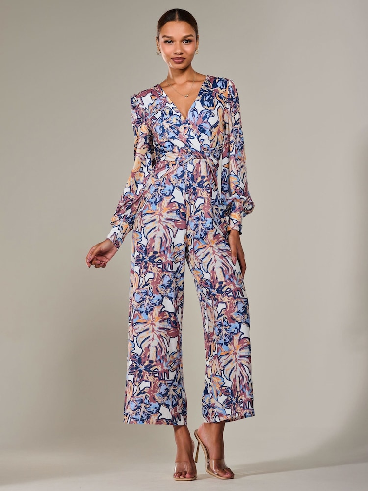 Jolie Moi Blue Jersey Wrap Front Long Sleeve Jumpsuit - Image 1 of 6