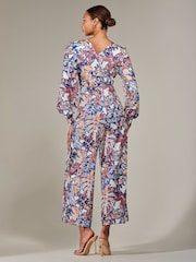 Jolie Moi Blue Jersey Wrap Front Long Sleeve Jumpsuit - Image 2 of 6