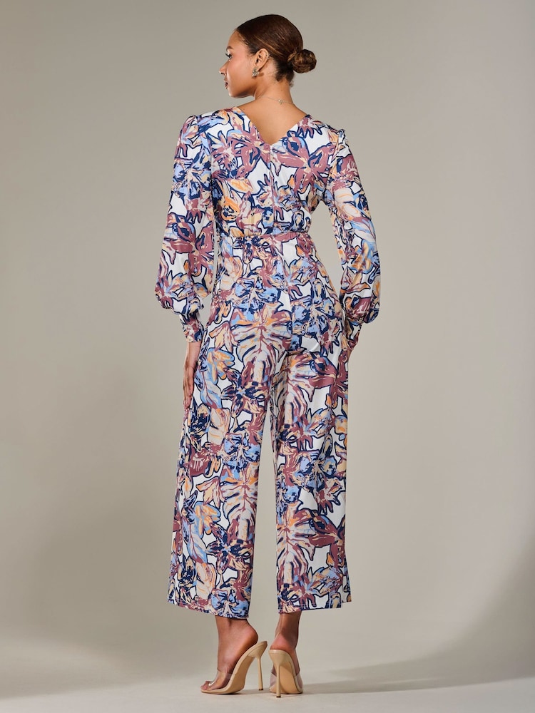 Jolie Moi Blue Jersey Wrap Front Long Sleeve Jumpsuit - Image 2 of 6