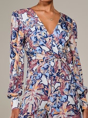 Jolie Moi Blue Jersey Wrap Front Long Sleeve Jumpsuit - Image 3 of 6