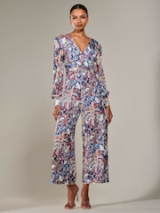 Jolie Moi Blue Jersey Wrap Front Long Sleeve Jumpsuit - Image 4 of 6