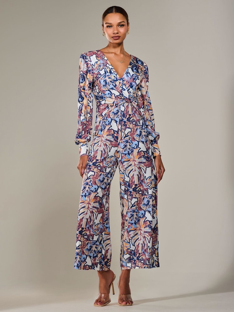Jolie Moi Blue Jersey Wrap Front Long Sleeve Jumpsuit - Image 4 of 6