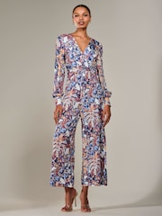 Jolie Moi Blue Jersey Wrap Front Long Sleeve Jumpsuit - Image 5 of 6