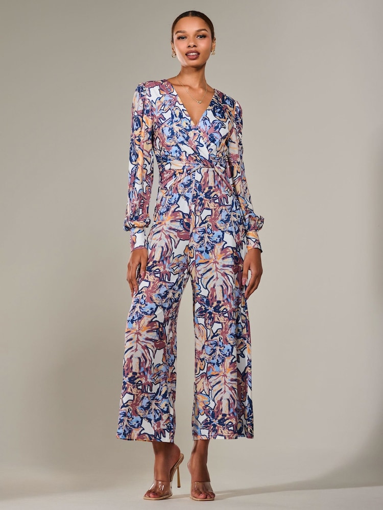 Jolie Moi Blue Jersey Wrap Front Long Sleeve Jumpsuit - Image 5 of 6