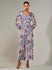 Jolie Moi Blue Jersey Wrap Front Long Sleeve Jumpsuit - Image 6 of 6