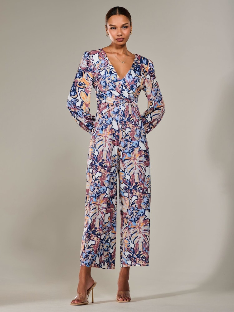 Jolie Moi Blue Jersey Wrap Front Long Sleeve Jumpsuit - Image 6 of 6