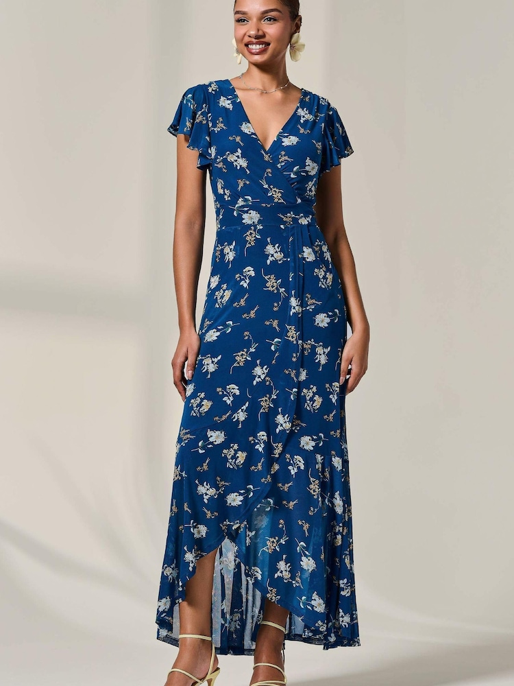Jolie Moi Blue Floral Ruffle Hem Maxi Dress - Image 1 of 3