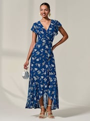 Jolie Moi Blue Floral Ruffle Hem Maxi Dress - Image 2 of 3