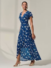 Jolie Moi Blue Floral Ruffle Hem Maxi Dress - Image 4 of 6