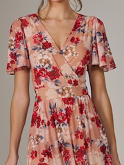 Jolie Moi Red Floral Print Mesh Wrap Maxi Dress - Image 3 of 7