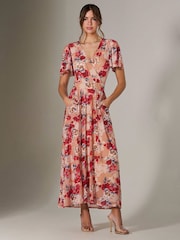 Jolie Moi Red Floral Print Mesh Wrap Maxi Dress - Image 4 of 7