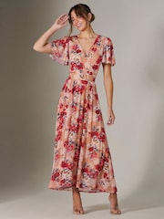 Jolie Moi Red Floral Print Mesh Wrap Maxi Dress - Image 5 of 7