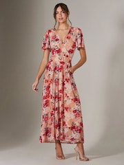 Jolie Moi Red Floral Print Mesh Wrap Maxi Dress - Image 6 of 7