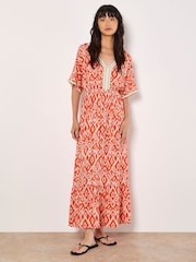 Apricot Orange Ikat Mono Swirl Shimmer Dress - Image 1 of 4