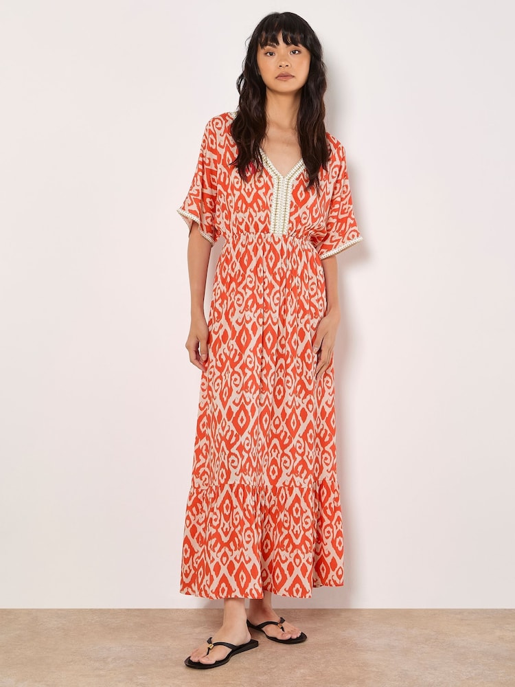 Apricot Orange Ikat Mono Swirl Shimmer Dress - Image 1 of 4