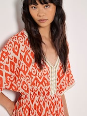 Apricot Orange Ikat Mono Swirl Shimmer Dress - Image 2 of 4