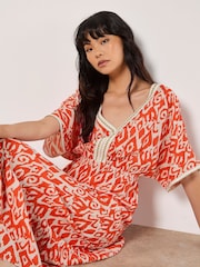 Apricot Orange Ikat Mono Swirl Shimmer Dress - Image 4 of 4