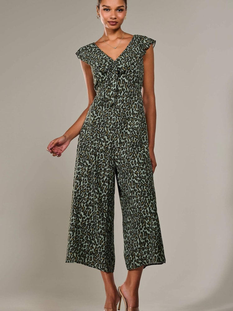 Jolie Moi Green Frill Tie Front Jumpsuit - Image 1 of 6