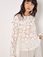Apricot White Floral Crochet Bell Sleeve Top - Image 1 of 4