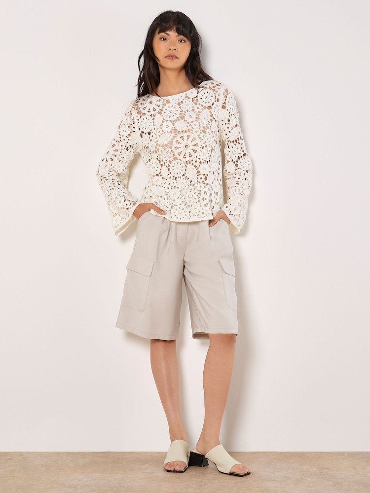 Apricot White Floral Crochet Bell Sleeve Top - Image 2 of 4 Apricot White Floral Crochet Bell Sleeve Top - Image 2 of 4