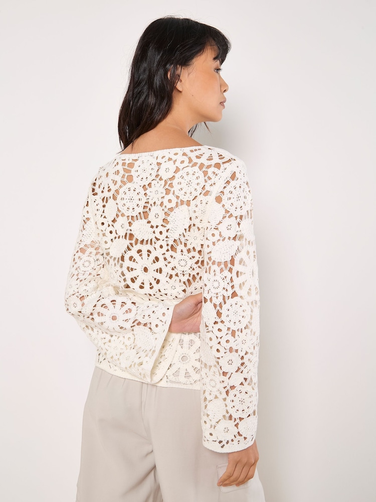 Apricot White Floral Crochet Bell Sleeve Top - Image 4 of 4