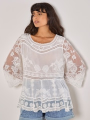 Apricot White Oversized Embroidered Mesh Top - Image 1 of 4