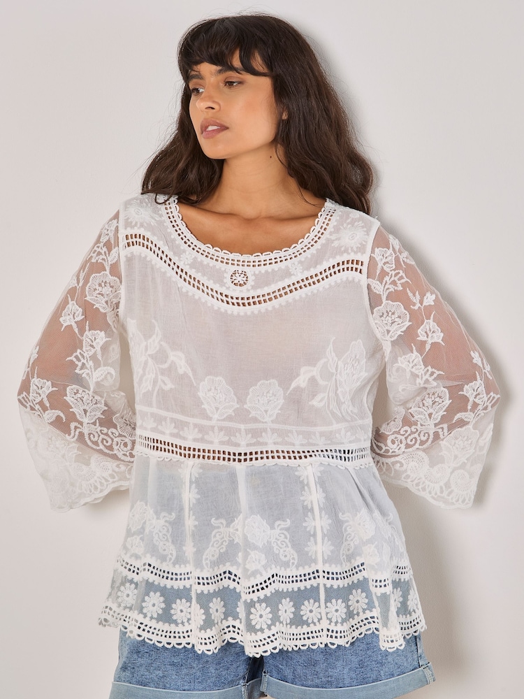 Apricot White Oversized Embroidered Mesh Top - Image 1 of 4