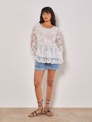 Apricot White Oversized Embroidered Mesh Top - Image 2 of 4