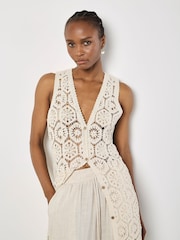 Apricot Cream Crochet Circles Sleeveless 100% Cotton Cardigan - Image 3 of 4
