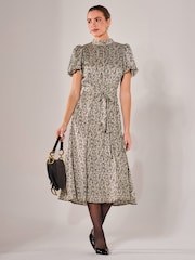 Jolie Moi Black Puff Sleeve Tie Waist Midi Dress - Image 1 of 6