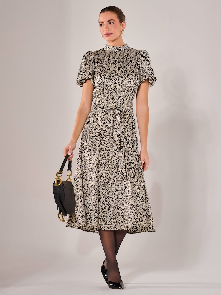 Jolie Moi Black Puff Sleeve Tie Waist Midi Dress - Image 1 of 6