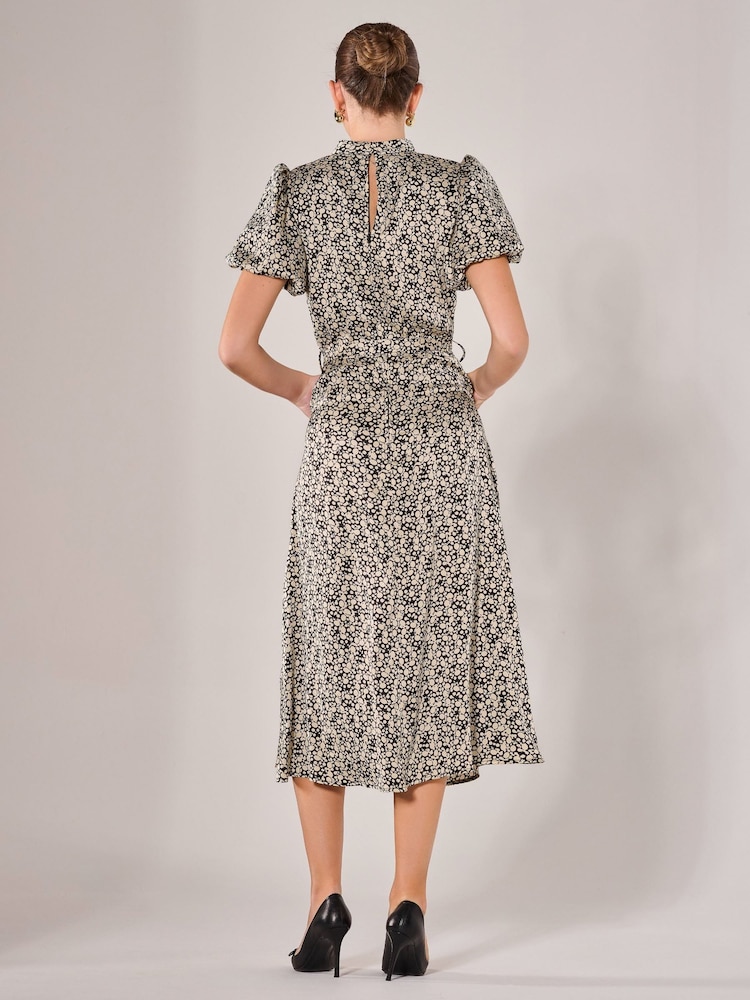 Jolie Moi Black Puff Sleeve Tie Waist Midi Dress - Image 2 of 6