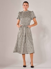 Jolie Moi Black Puff Sleeve Tie Waist Midi Dress - Image 4 of 6