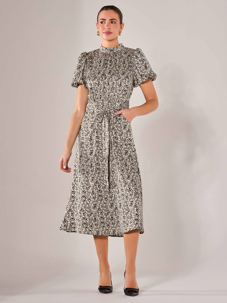Jolie Moi Black Puff Sleeve Tie Waist Midi Dress - Image 6 of 6