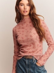 Pink Lace High Neck Long Sleeve Top - Image 1 of 5